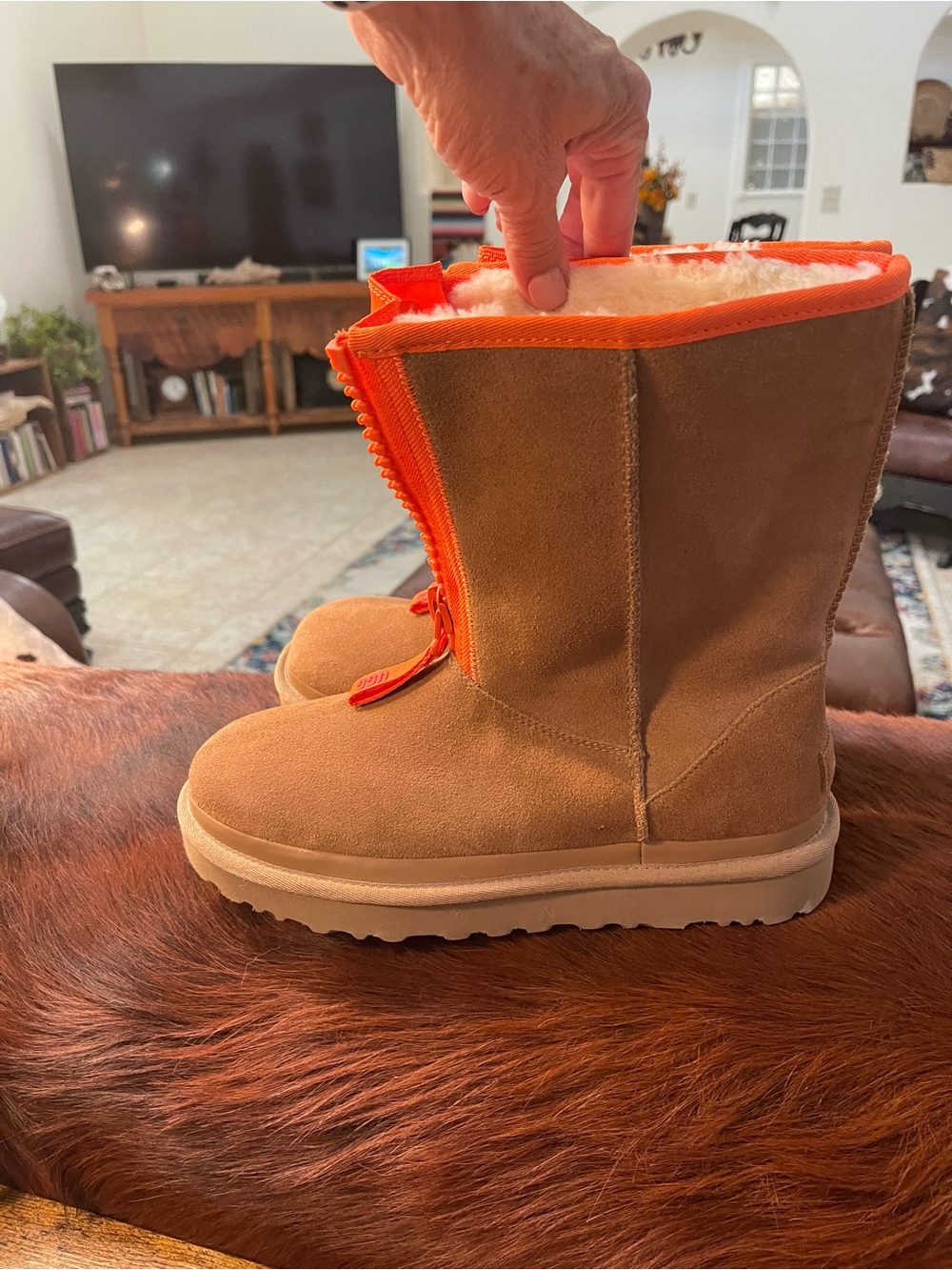 UGG Women's Tan Suede Boots with Bright Orange Zip Panel - Picture 6 of 11
